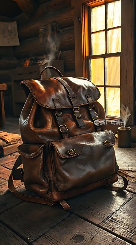 阳光下的复古皮背包