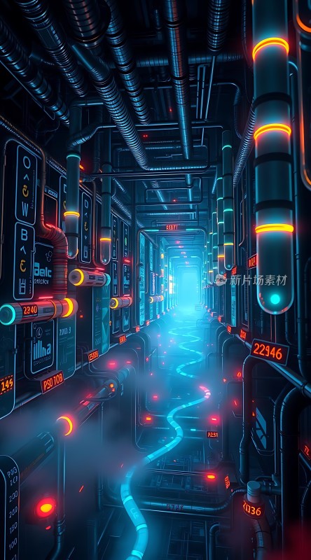 科技走廊未来主义风格管道与霓虹灯