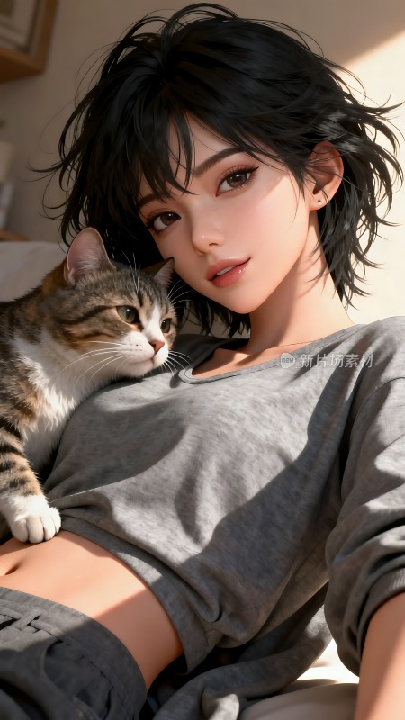 阳光下的猫咪与短发女孩温馨互动