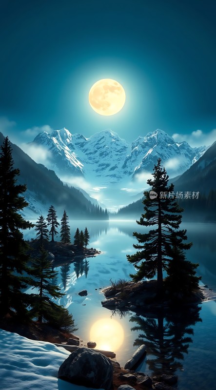 雪夜湖畔月光山影