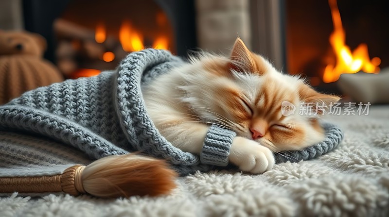 温馨火炉旁慵懒猫咪梦乡