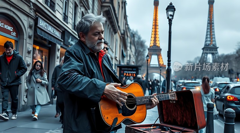 巴黎街头吉他手弹奏旋律埃菲尔铁塔背景下的艺术人生