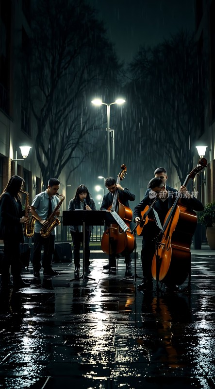雨夜街头乐队演奏