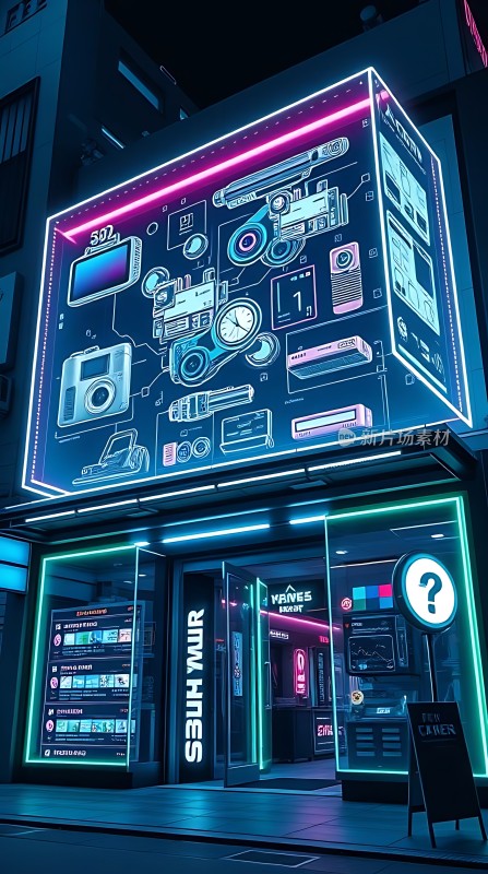 未来科技商店霓虹灯下的数码世界