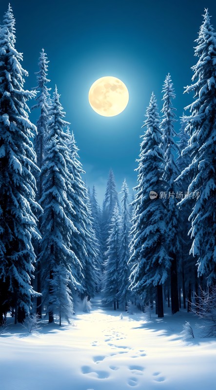 雪夜月下林间小径