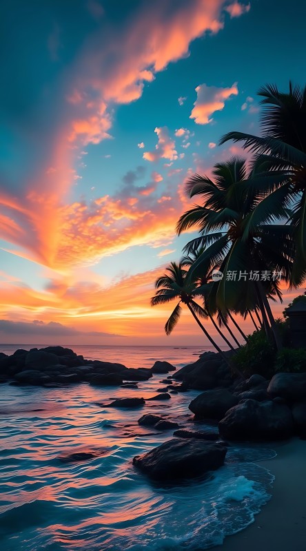 椰林晚霞映碧波