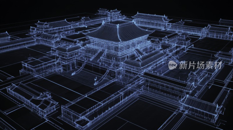 数字线框风格的古代宫殿俯视图