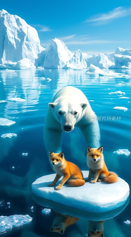 北极熊与狐狸冰上共舞