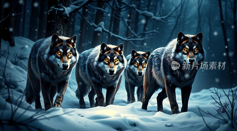 雪夜狼群森林中的神秘之旅