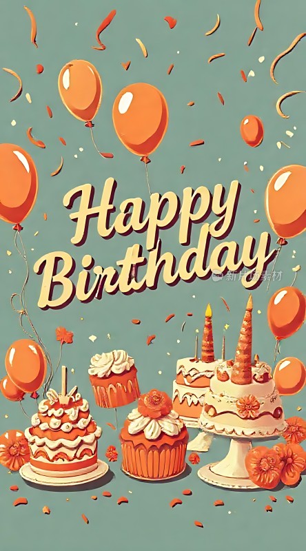 生日快乐甜蜜蛋糕与气球共庆生辰