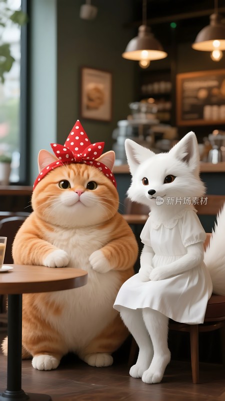 橘猫戴红巾与白狐穿白衣共饮咖啡
