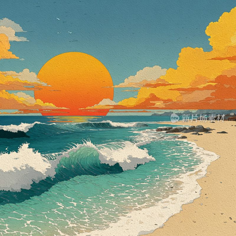 海边日落插画风景