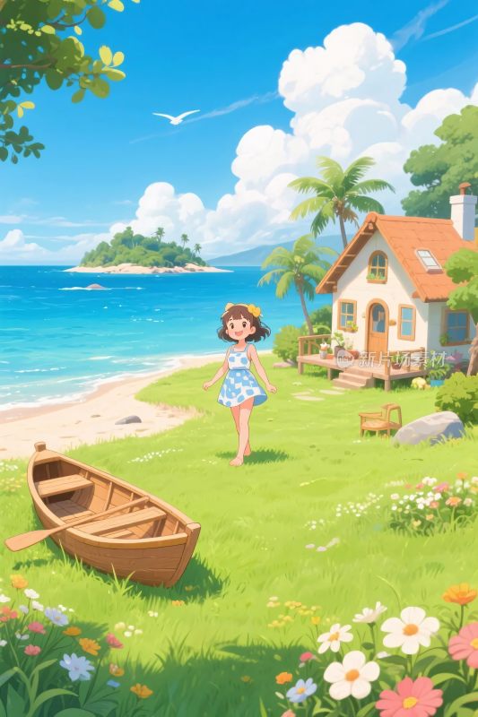 海边少女与房屋插画