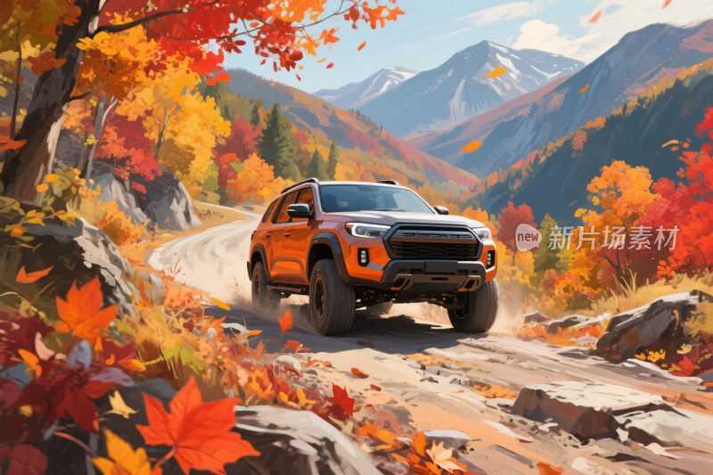 秋日越野汽车行驶于山间小道