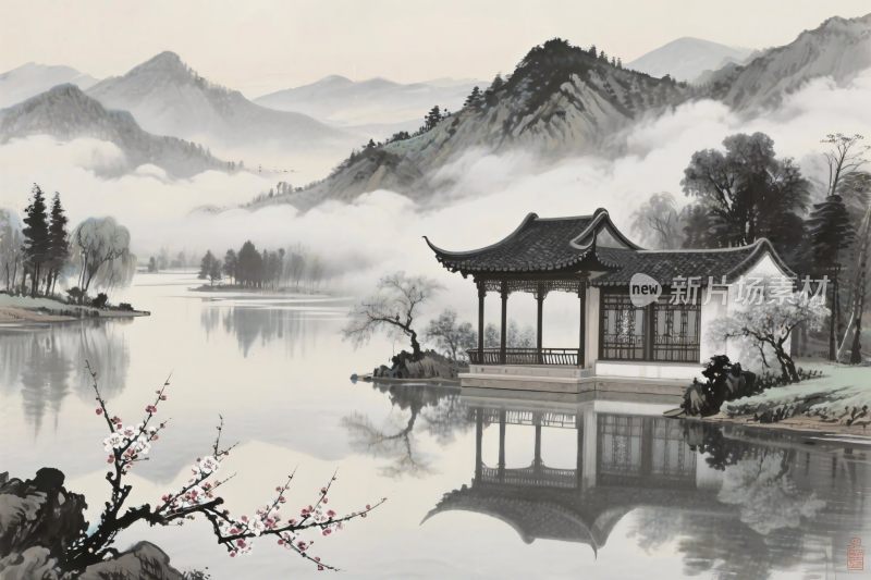 水墨山水古亭水墨画