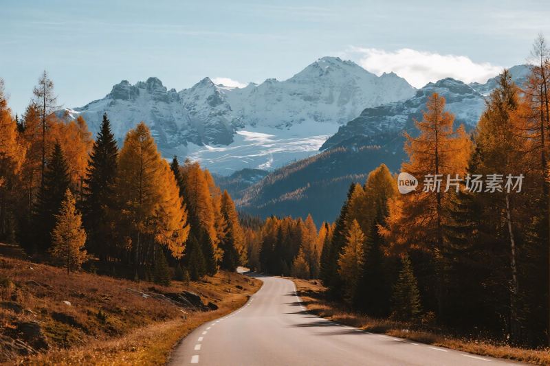 秋日山间公路风景图