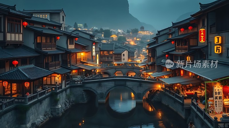 古桥夜色灯火阑珊映水乡