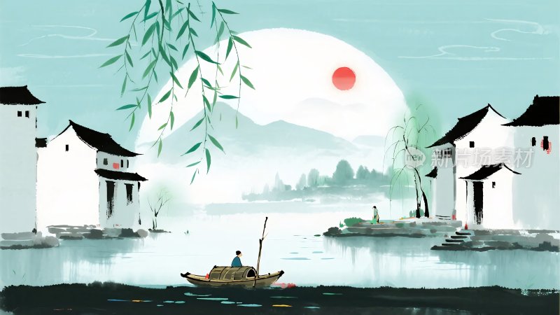 水墨风江南水乡日落图景