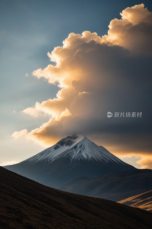 山天空中一朵云和前景中一匹孤独马风景