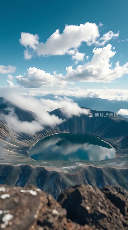 火山口湖畔云雾缭绕