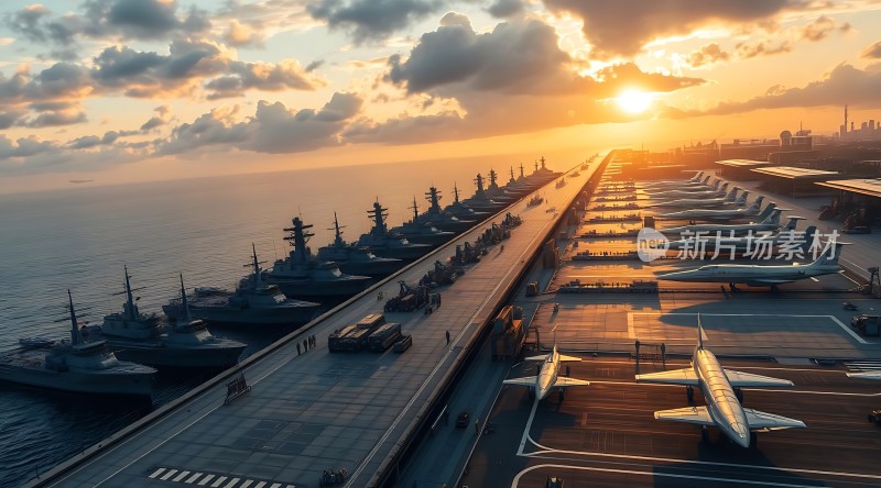 日落下的航母与战机