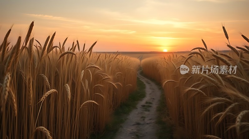 金色麦田日落时分的小径