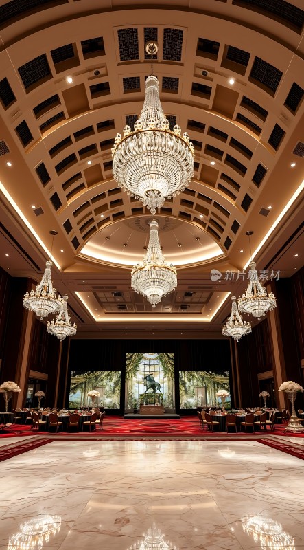 宴会厅豪华水晶吊灯与大理石地板