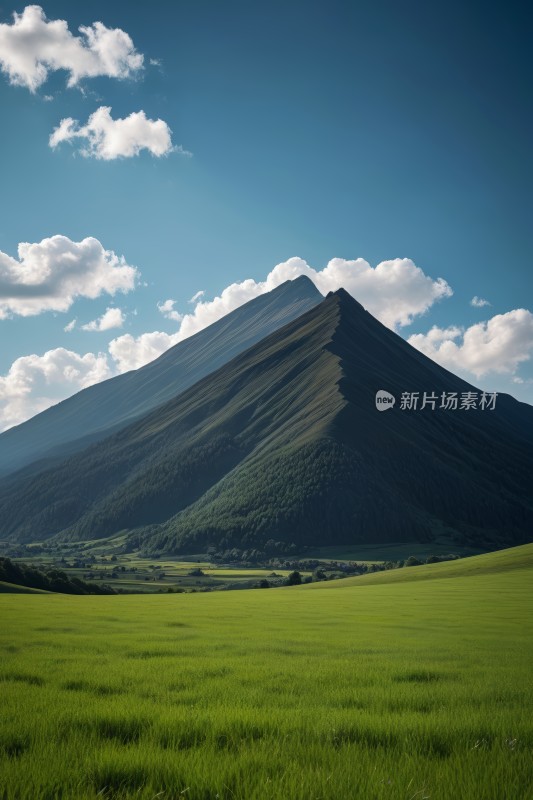 远处一座大山一片绿色的田野图片