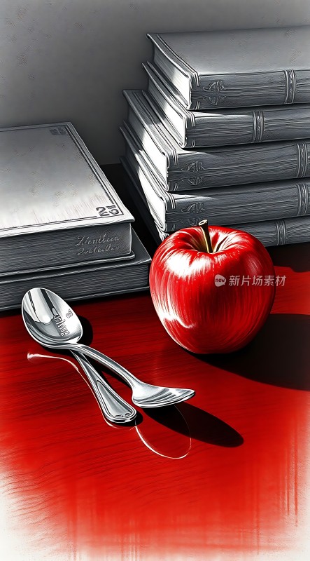 红色苹果与银色餐具书籍静物画
