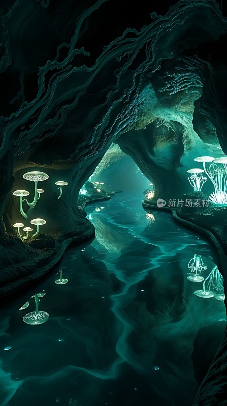 神秘洞穴中的荧光蘑菇奇观