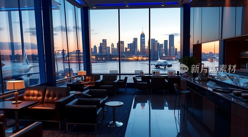 机场贵宾休息室俯瞰城市天际线