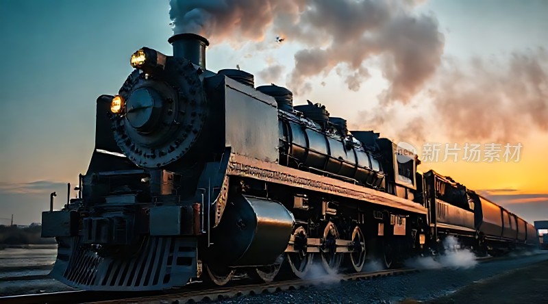 蒸汽火车驶向夕阳
