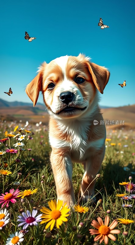 阳光下的花海小狗