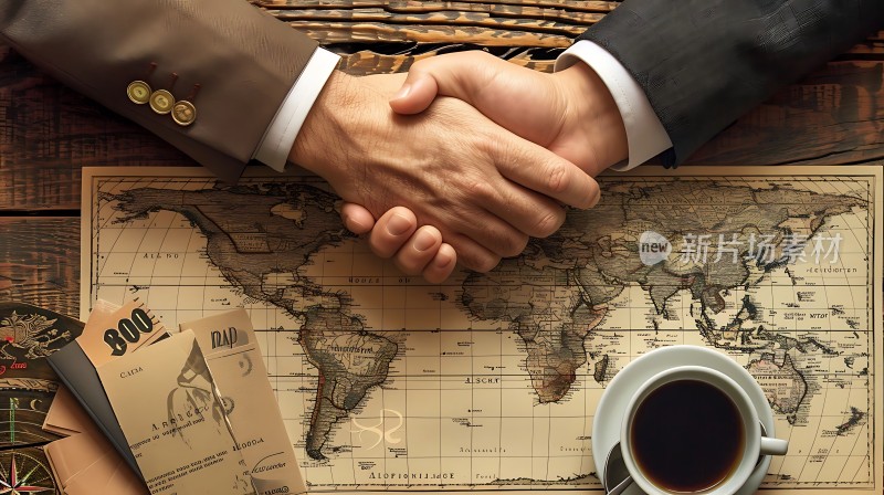 商务合作世界地图上的握手