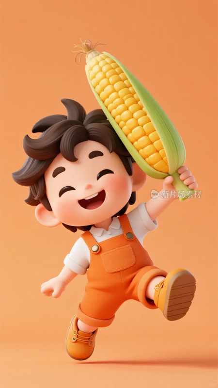 手持玉米跳跃的卡通小男孩