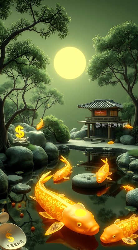 金鲤戏水月映楼