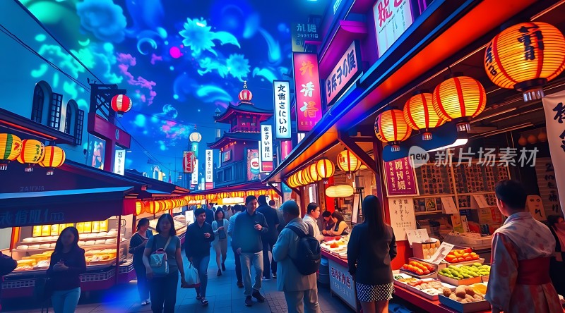 霓虹灯下的繁华夜市热闹非凡