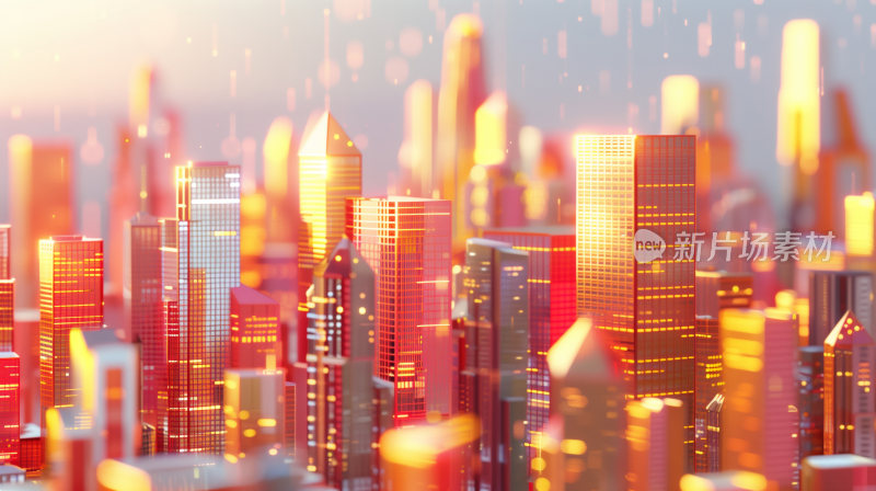 有红色发光粒子的未来科技感3D卡通城市