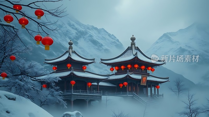 雪中山寺映红灯