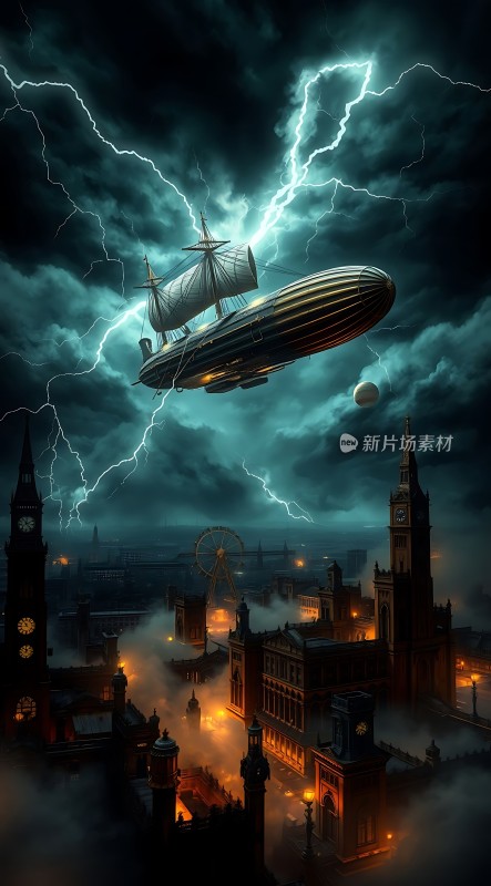 蒸汽朋克风暴飞艇与闪电