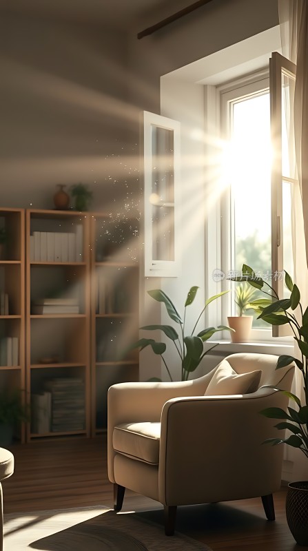 阳光洒满书房绿意盎然舒适阅读时光