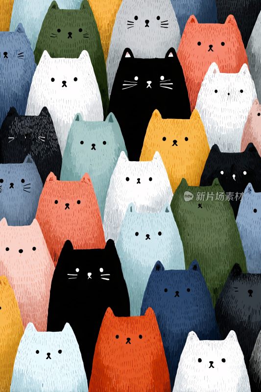 多彩猫咪插画图案