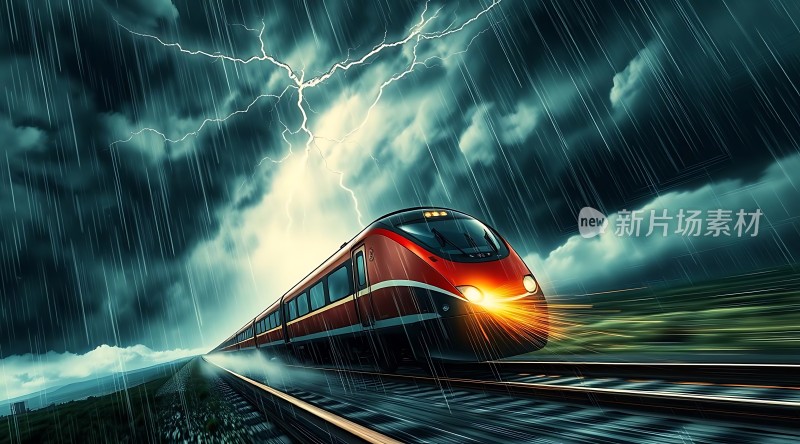 红色列车疾驰于暴风雨中