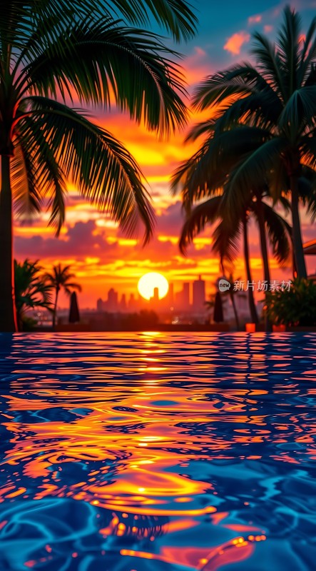 日落棕榈树泳池美景