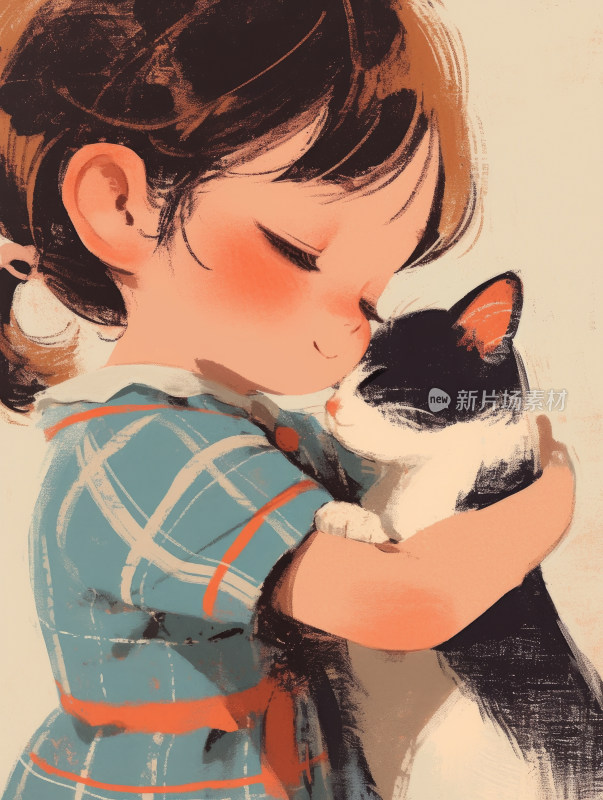 小女孩与猫的插画