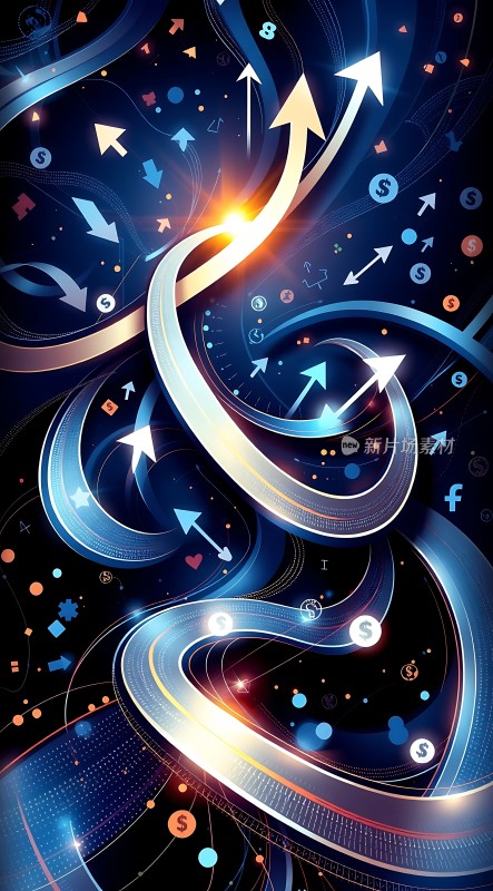 科技金融之路箭头与货币符号交织的动态画面