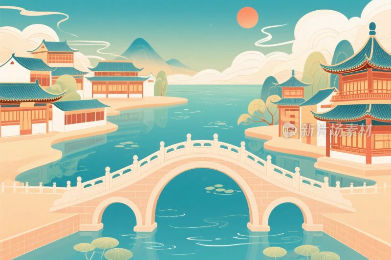 中国古风水景插画