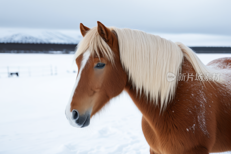 一匹白发棕色的马站在雪地里高清图片