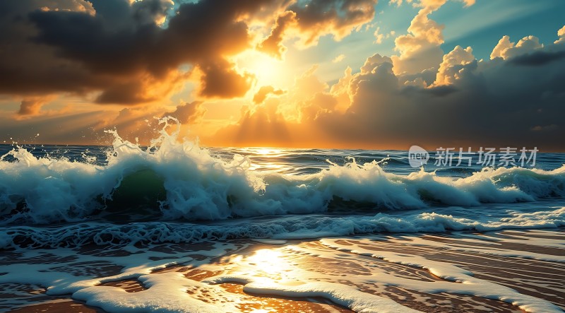 金色阳光下的海浪拍岸