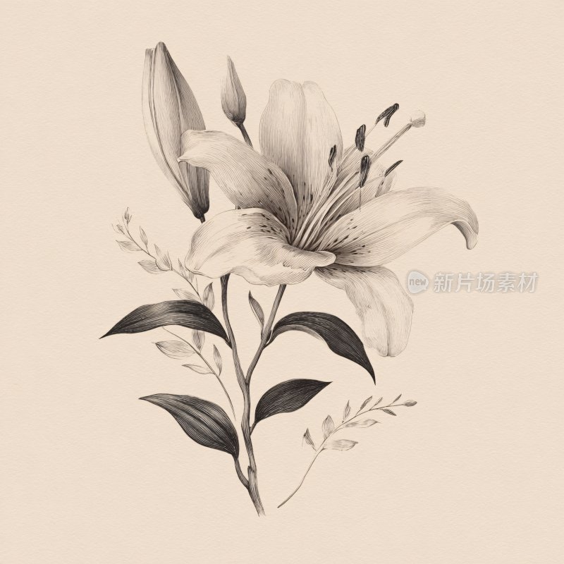 黑白手绘百合花插画